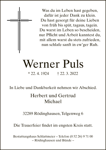 Traueranzeige von Werner Puls von Neue Westfälische