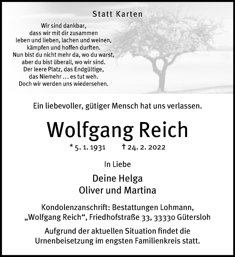  Traueranzeige für Wolfgang Reich vom 02.03.2022 aus Neue Westfälische