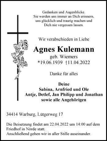 Traueranzeige von Agnes Kulemann von Neue Westfälische