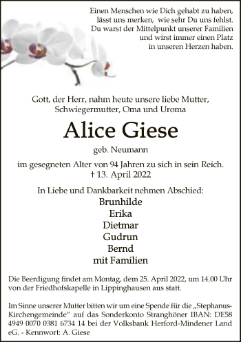 Traueranzeige von Alice Giese von Neue Westfälische