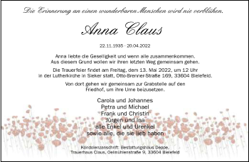 Traueranzeige von Anna Claus von Neue Westfälische