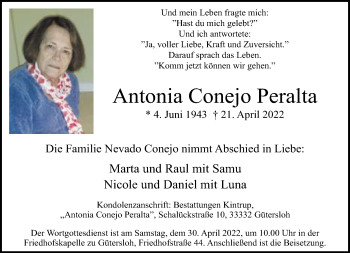 Traueranzeige von Antonia Conejo Peralta von Neue Westfälische