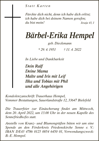 Traueranzeige von Bärbel-Erika Hempel von Neue Westfälische