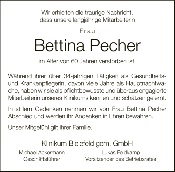 Traueranzeige von Bettina Pecher von Neue Westfälische