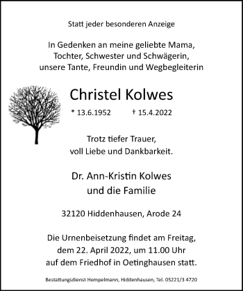 Traueranzeige von Christel Kolwes von Neue Westfälische