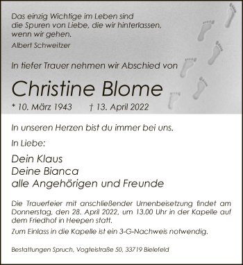 Traueranzeige von Christine Blome von Neue Westfälische