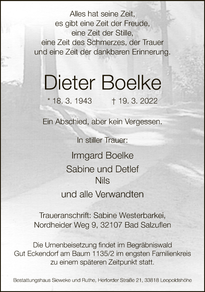  Traueranzeige für Dieter Boelke vom 02.04.2022 aus Neue Westfälische