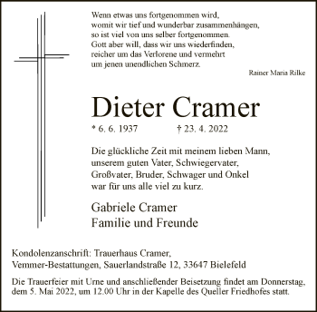 Traueranzeige von Dieter Cramer von Neue Westfälische