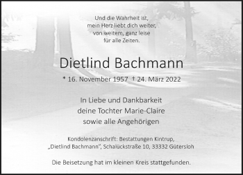 Traueranzeige von Dietlind Bachmann von Neue Westfälische