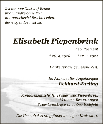 Traueranzeige von Elisabeth Piepenbrink von Neue Westfälische
