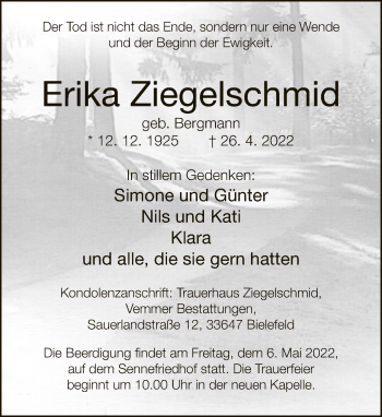 Traueranzeige von Erika Ziegelschmid von Neue Westfälische