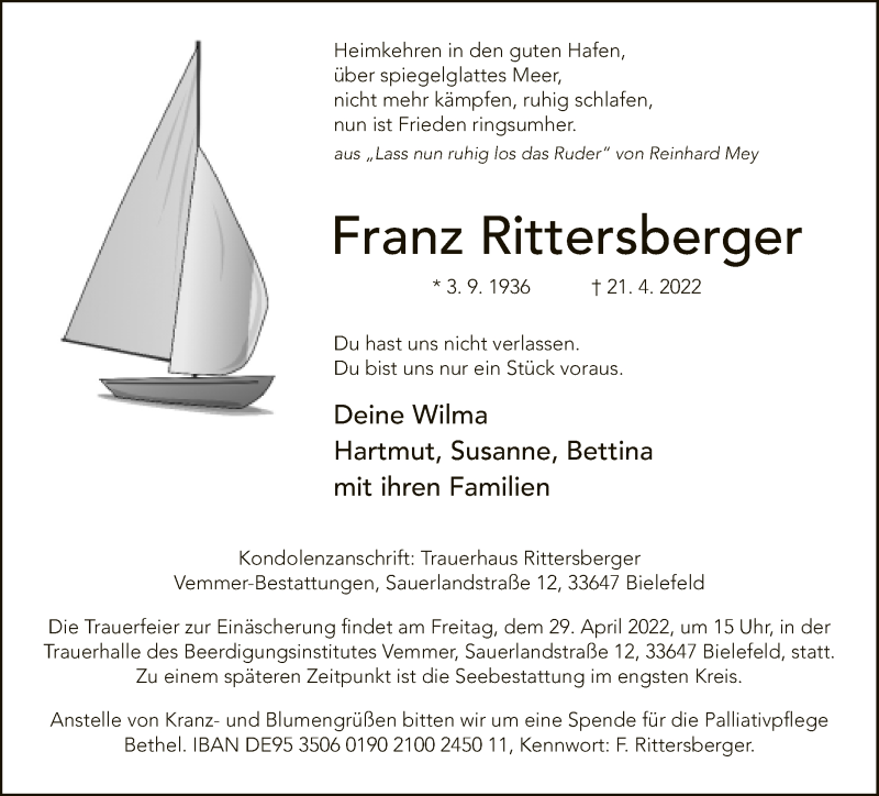  Traueranzeige für Franz Rittersberger vom 23.04.2022 aus Neue Westfälische