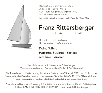 Traueranzeige von Franz Rittersberger von Neue Westfälische