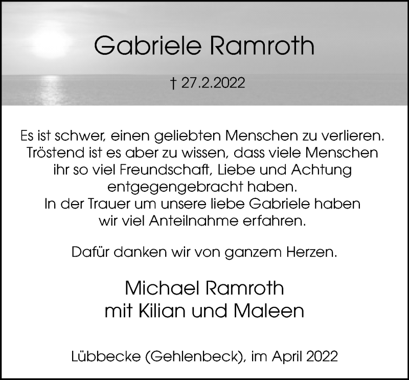  Traueranzeige für Gabriele Ramroth vom 05.04.2022 aus Neue Westfälische