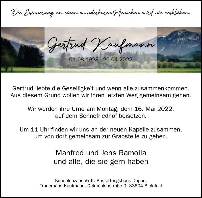  Traueranzeige für Gertrud Kaufmann vom 30.04.2022 aus Neue Westfälische