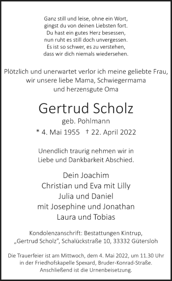 Traueranzeige von Gertrud Scholz von Neue Westfälische