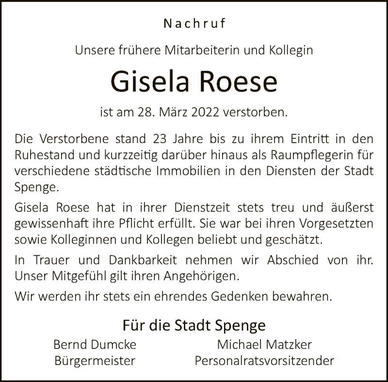  Traueranzeige für Gisela Roese vom 02.04.2022 aus Neue Westfälische