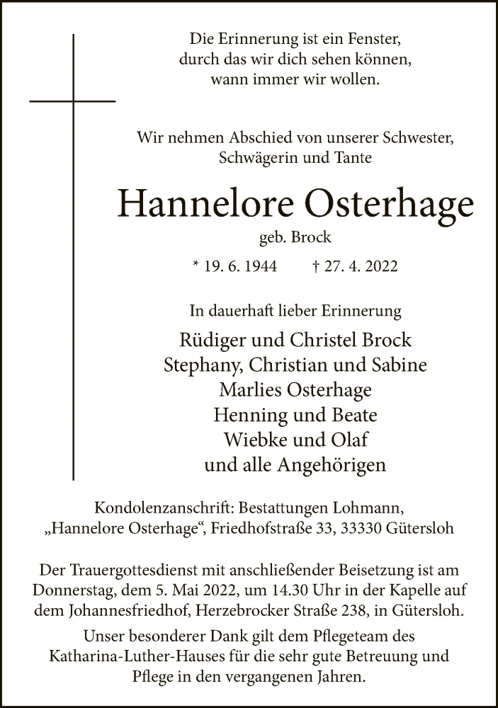  Traueranzeige für Hannelore Osterhage vom 30.04.2022 aus Neue Westfälische