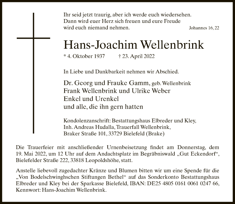  Traueranzeige für Hans-Joachim Wellenbrink vom 30.04.2022 aus Neue Westfälische