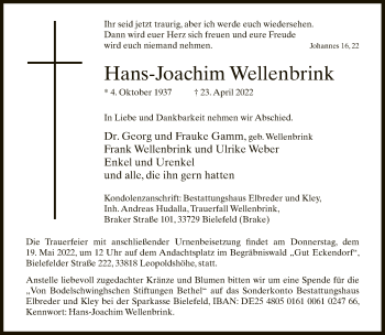 Traueranzeige von Hans-Joachim Wellenbrink von Neue Westfälische