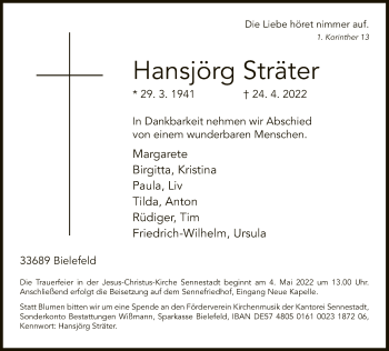 Traueranzeige von Hansjörg Sträter von Neue Westfälische