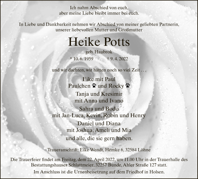  Traueranzeige für Heike Potts vom 15.04.2022 aus Neue Westfälische