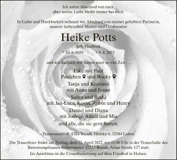 Traueranzeige von Heike Potts von Neue Westfälische