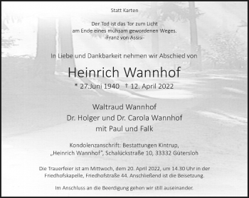Traueranzeige von Heinrich Wannhof von Neue Westfälische