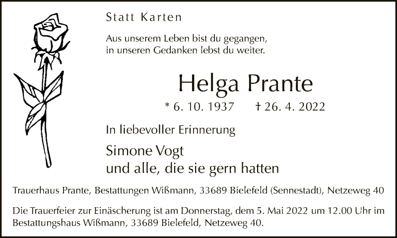  Traueranzeige für Helga Prante vom 30.04.2022 aus Neue Westfälische