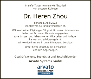 Traueranzeige von Heren Zhou von Neue Westfälische