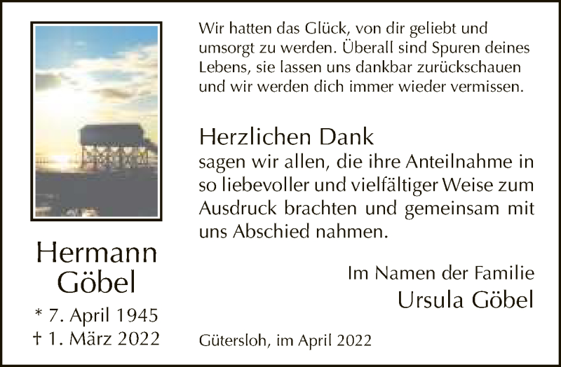  Traueranzeige für Hermann Göbel vom 02.04.2022 aus Neue Westfälische