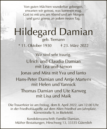 Traueranzeige von Hildegard Damian von Neue Westfälische