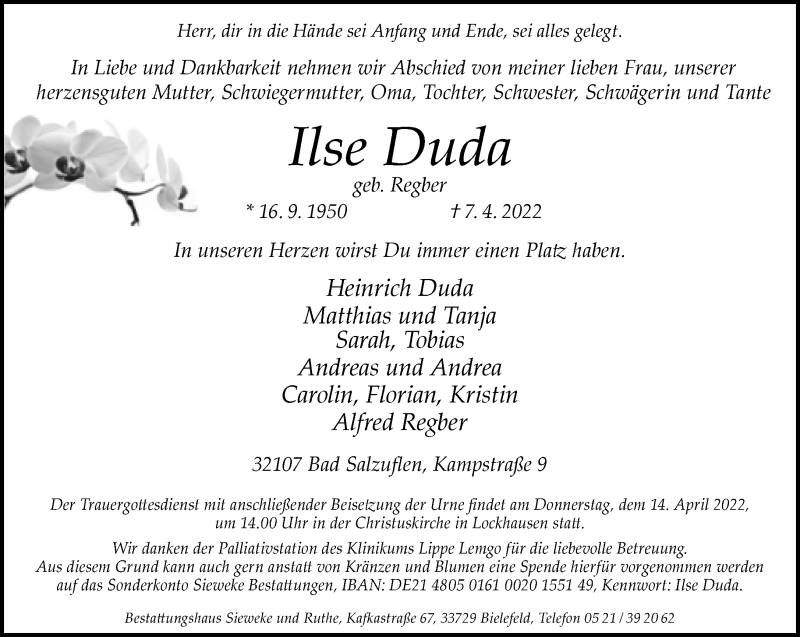  Traueranzeige für Ilse Duda vom 09.04.2022 aus Neue Westfälische