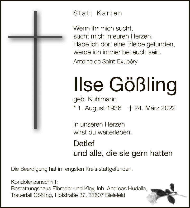  Traueranzeige für Ilse Gößling vom 09.04.2022 aus Neue Westfälische