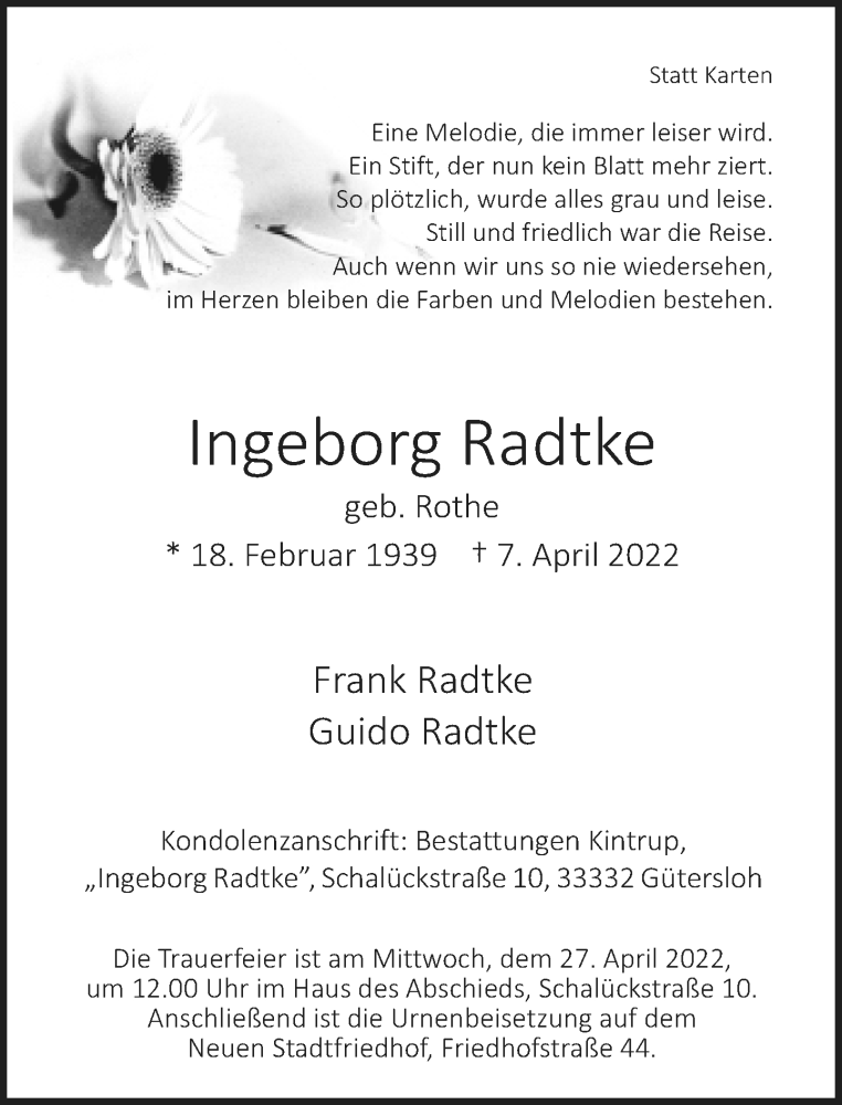  Traueranzeige für Ingeborg Radtke vom 15.04.2022 aus Neue Westfälische