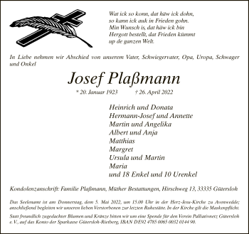 Traueranzeige von Josef Plaßmann von Neue Westfälische