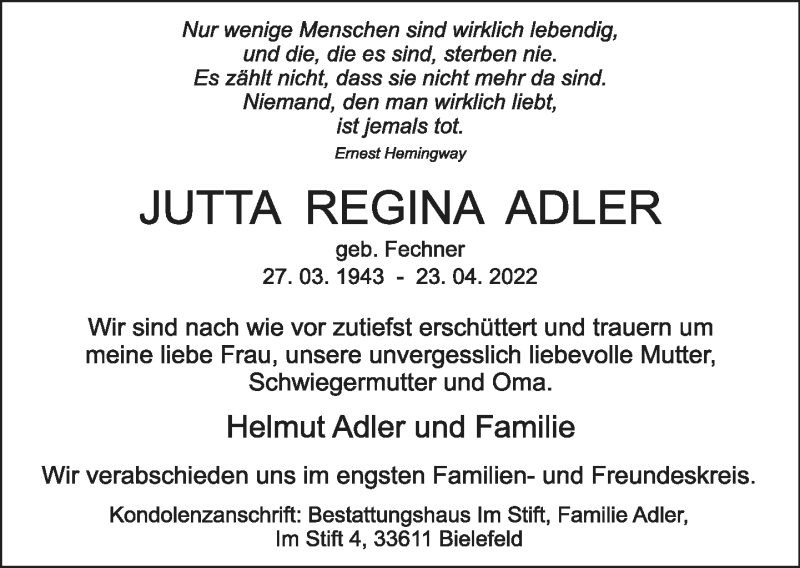  Traueranzeige für Jutta Regina Adler vom 30.04.2022 aus Neue Westfälische