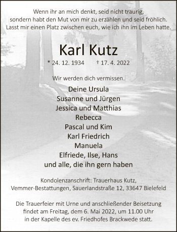 Traueranzeige von Karl Kutz von Neue Westfälische