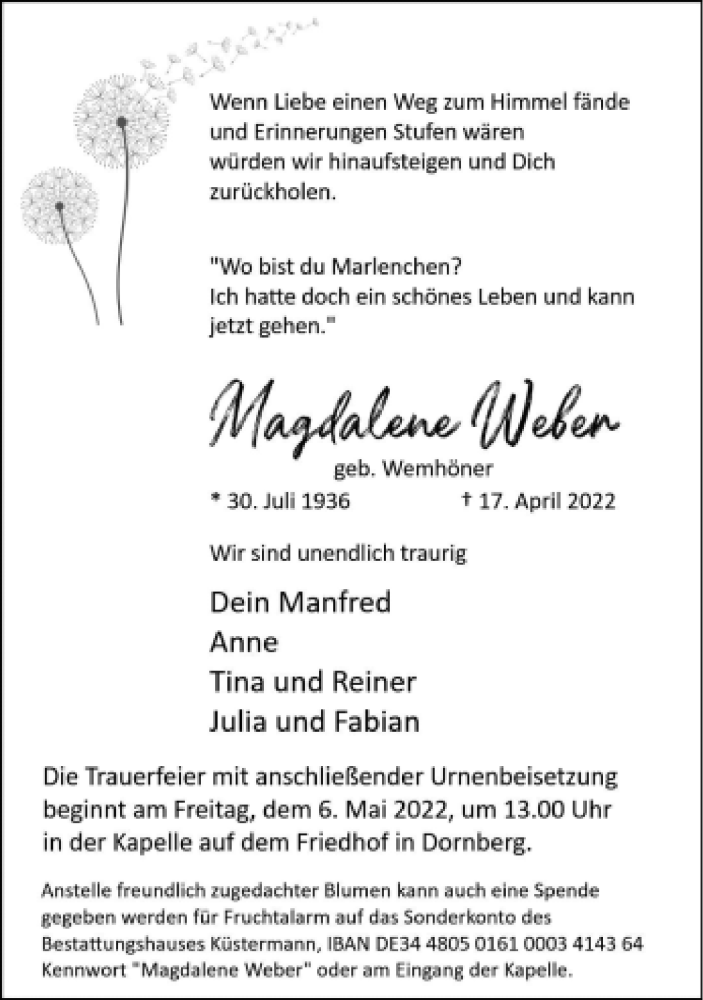 Traueranzeige für Magdalene Weber vom 27.04.2022 aus Neue Westfälische