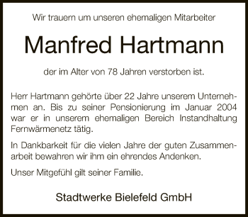 Traueranzeige von Manfred Hartmann von Neue Westfälische