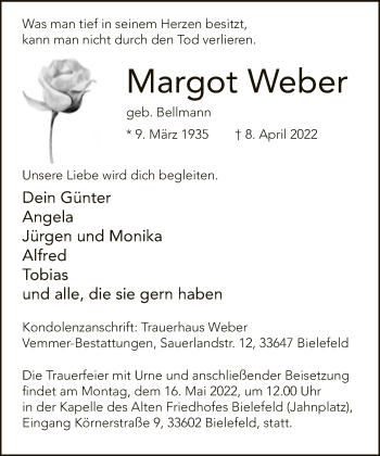 Traueranzeige von Margot Weber von Neue Westfälische