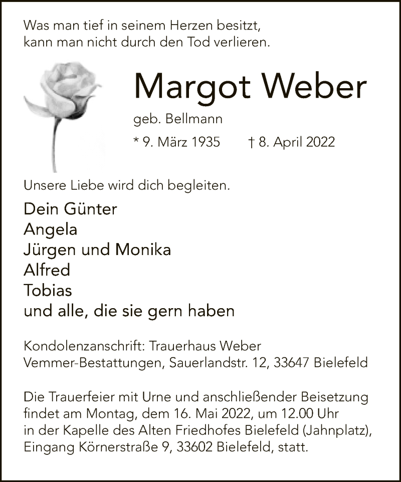  Traueranzeige für Margot Weber vom 15.04.2022 aus Neue Westfälische
