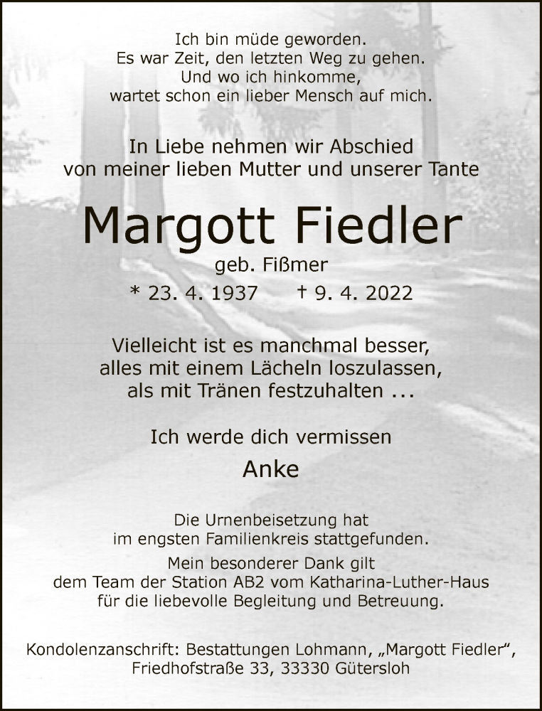  Traueranzeige für Margott Fiedler vom 23.04.2022 aus Neue Westfälische