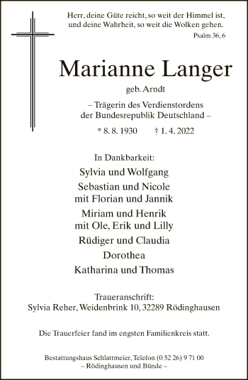Traueranzeige von Marianne Langer von Neue Westfälische