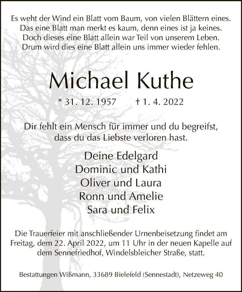  Traueranzeige für Michael Kuthe vom 09.04.2022 aus Neue Westfälische