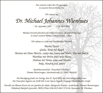 Traueranzeige von Michael Johannes Wienhues von Neue Westfälische