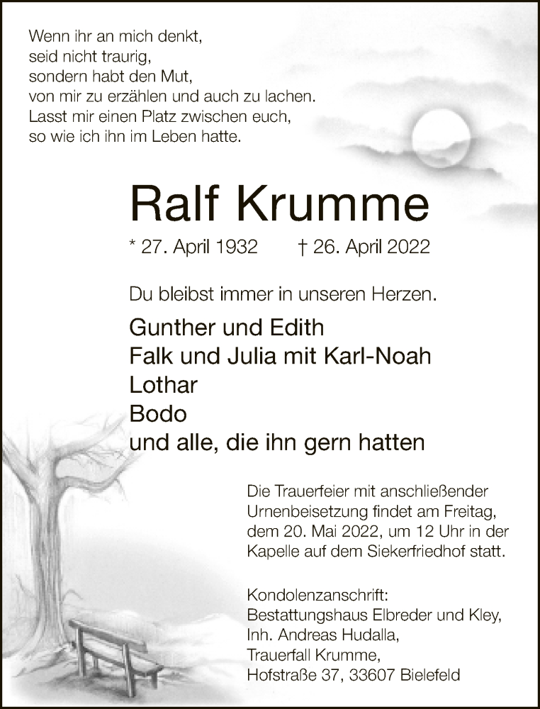  Traueranzeige für Ralf Krumme vom 30.04.2022 aus Neue Westfälische
