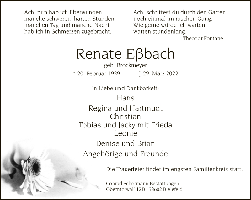  Traueranzeige für Renate Eßbach vom 02.04.2022 aus Neue Westfälische