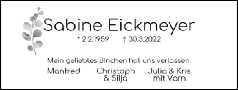  Traueranzeige für Sabine Eickmeyer vom 09.04.2022 aus Neue Westfälische