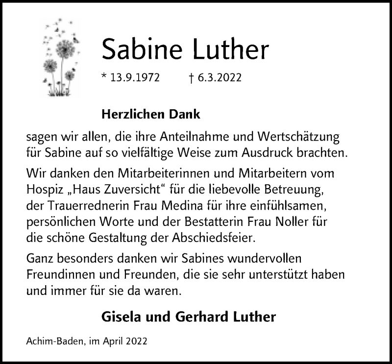  Traueranzeige für Sabine Luther vom 09.04.2022 aus Neue Westfälische